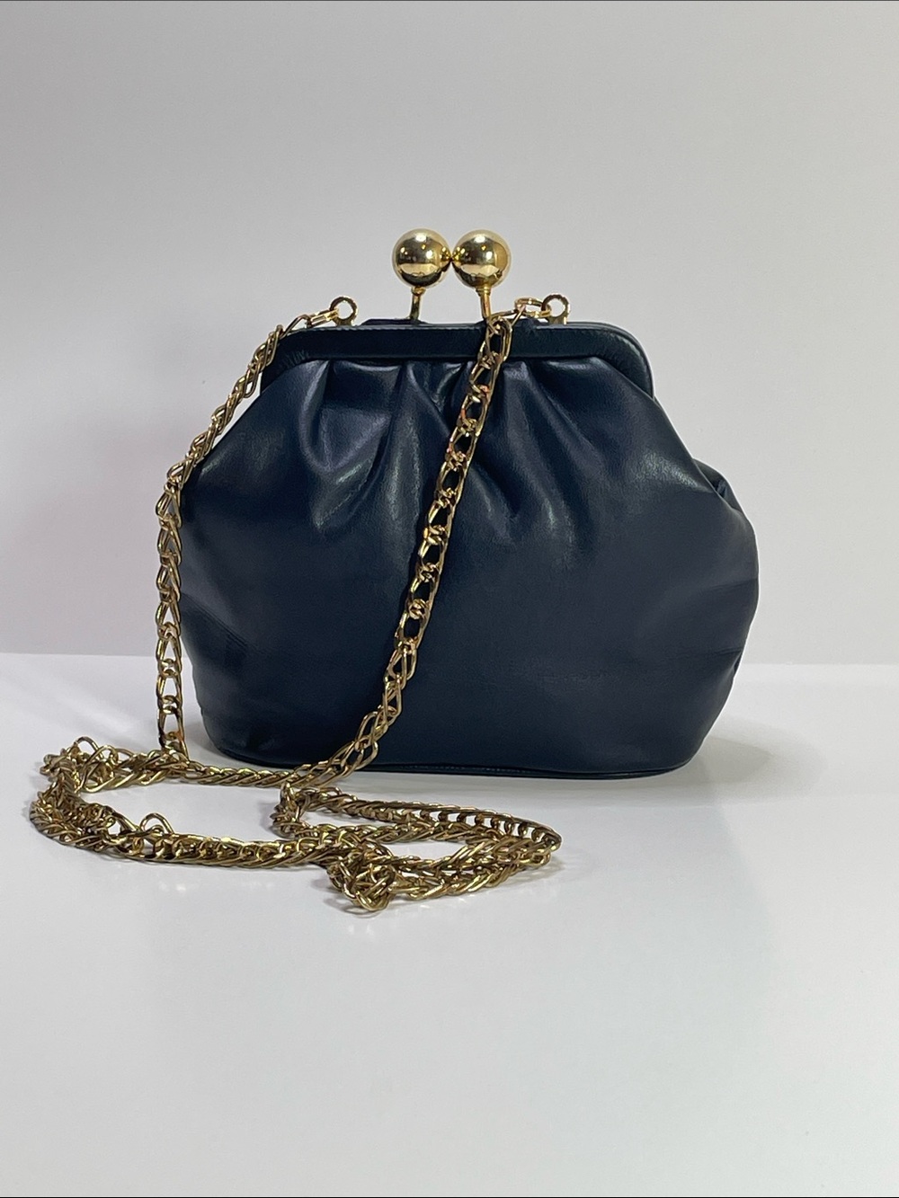Jeanne Lottie Navy Leather Kiss-Lock Chain Crossbody Bag